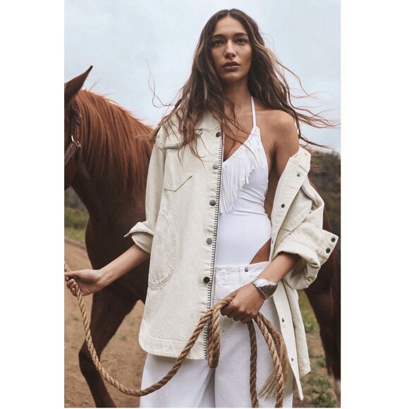 Anthropologie Pilcro Denim Shacket Jacket Ivory Tillie Relax Whipstitch Large NW - Picture 7 of 12